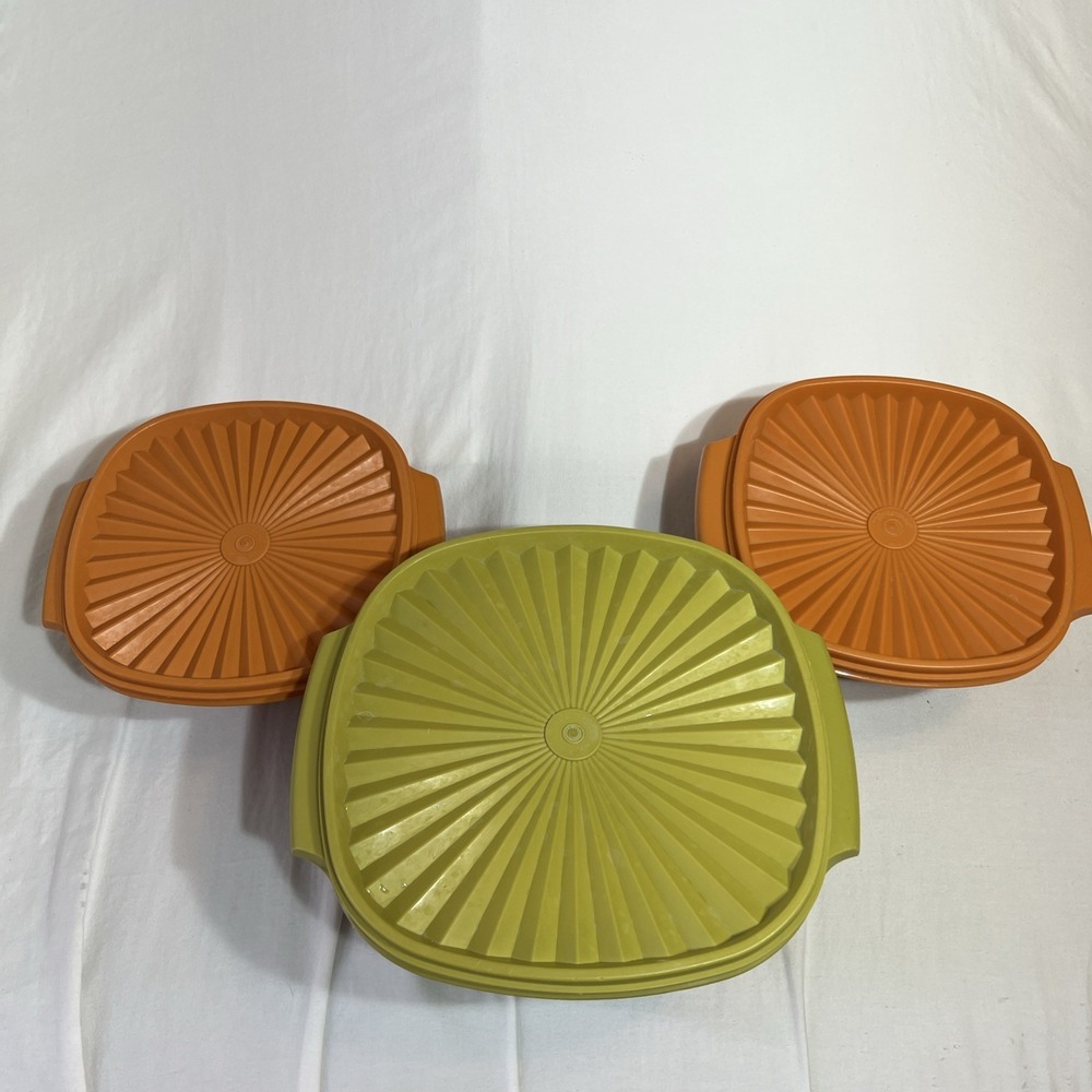 Set Vintage Tupperware Square Orange & Green Starburst Bowls 858 & 838 W/ Lids